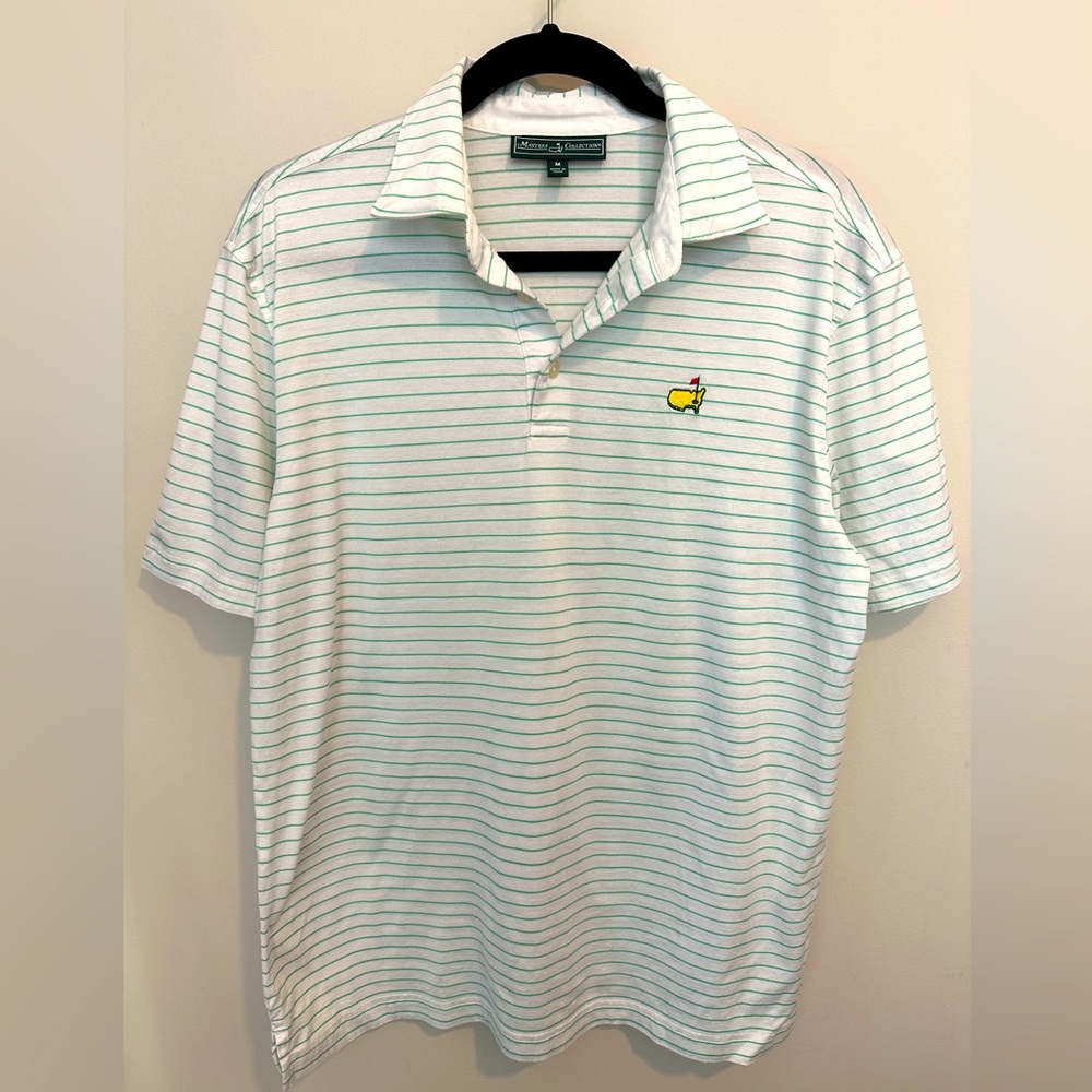 Augusta Master’s Collection Men Golf Shirt in white with green stripes. Size Med